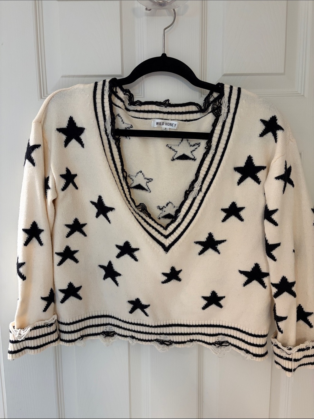 Wild Honey Cream and Black Star V-Neck Sweater